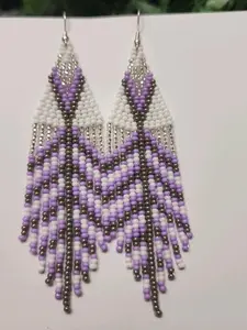 Handcrafted Beaded Earrings with Purple/ White Accents for Women's Fashion Made with Czech Glass Beads #10 and White Nylon
