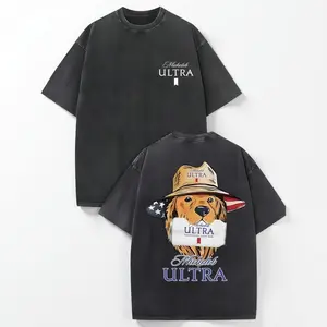 Michelob Ultra American Dog Vintage Tee Cotton Washed Front Logo Back Flag Dog Art Unisex Regular Fit Gray/Dark Gray Crewneck Menswear