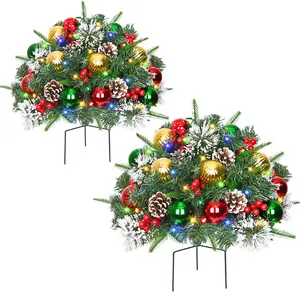 Outdoor Christmas Tree Frosted Urn Filler 2 Set Pre-lit Artificial Xmas Tree with Cones Red Berries & Colorful Balls Small Tree 50 LED Lights Dual Color Change Timer Battery Operated 8 Modes Tripod Stake Design