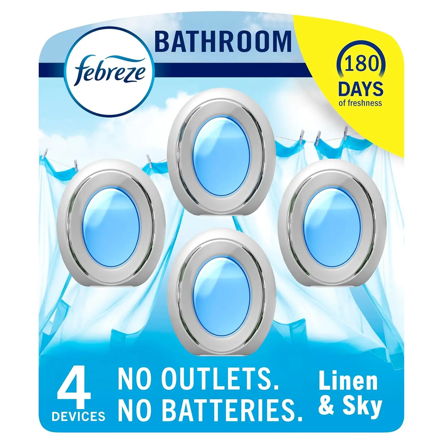Febreze Bathroom Odor-Fighting Gel Air Freshener - Plug-In Alternative, Long-Lasting for Small Spaces, Linen & Sky Scent, 4 Count (Home, Kitchen Closet Use)