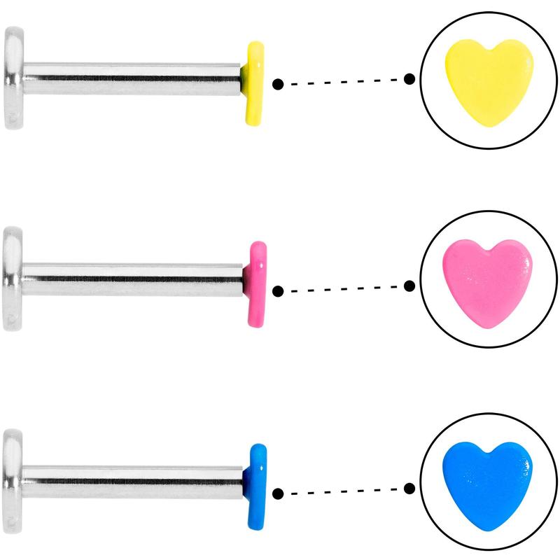 16 Gauge 5/16 Blue Pink Yellow Glow Heart Labret Set of 3