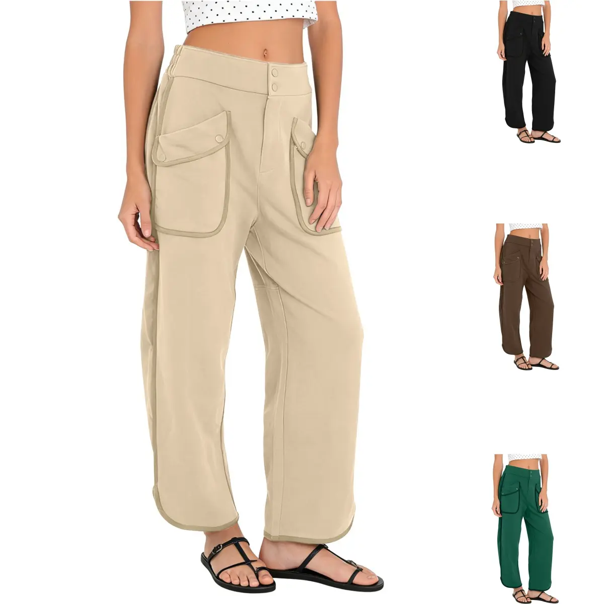 Tanming Women's Vintage High-Waist Wide-Leg Cargo Pants - Fitted, Comfortable Cotton, Large Pockets, Button Closure, Casual Everyday Streetwear, Spring Trend Basic Bottoms, Style