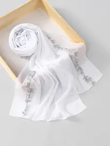 Plant Embroidered Long Scarf Hijab for Women, Soft Chiffon Comfortable Breathable Hijab, Evening Wear Boho Style Headscarf