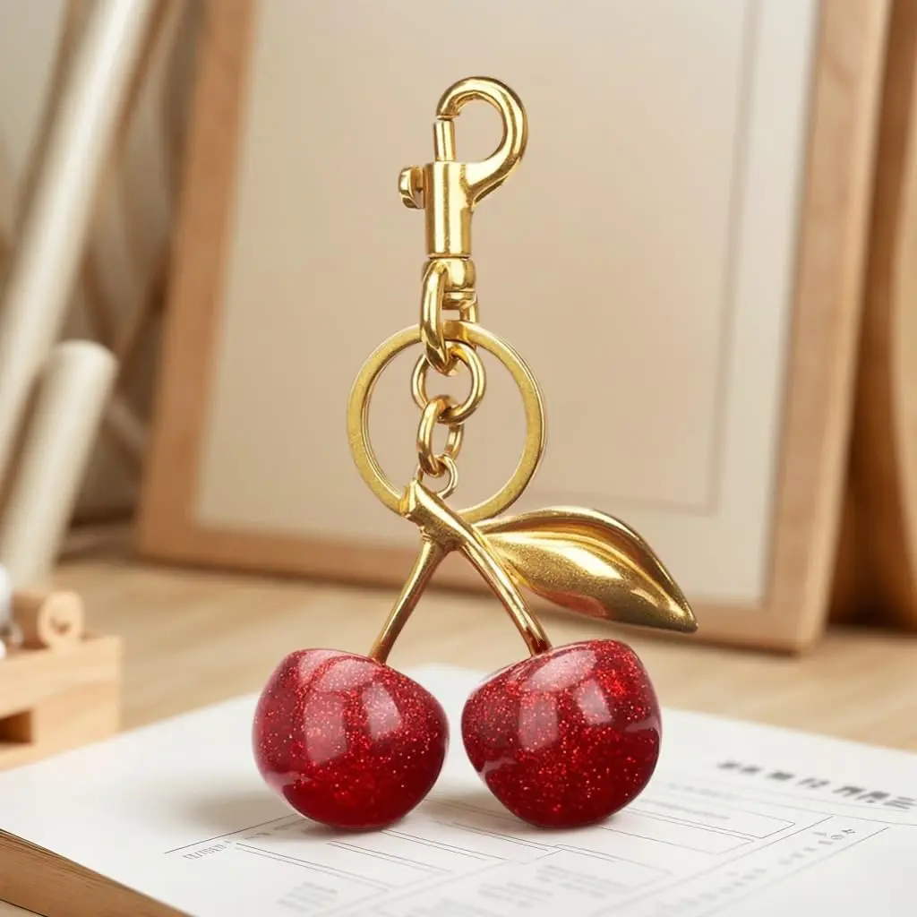 Cherry Keychain - 1 pcs Glitter Cherry Bag Charm with 18K Gold Plated Finish, Cute Cherry Pendant