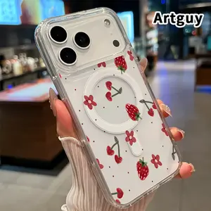 Compatible With iPhone 17 16  Pro Max Plus 15 14 13 12 11 Air E Phone CaseStrawberry Floral Dream Pattern Shockproof Non-Yellowing Crystal Transparent Acrylic Large Hole Soft Case Supports Wireless Charging