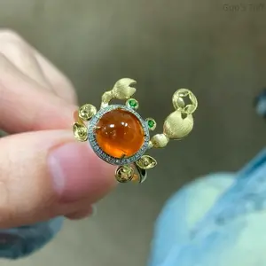 Cute 3D Crab Open Statement Ring Two Tone Gold Silver Orange Gem Inlaid Chinese Vintage Fortune Luck Adjustable Stackable Unique Viral Jewelry Anti Tarnish Accessory For Women Daily Party Gift