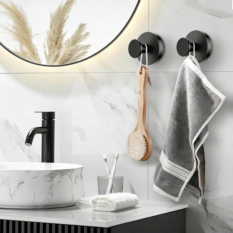 2 PCS Black Heavy Duty Removable Stick-On Adhesive Suction Cup Hooks & Rails - Sleek Black, Modern Look, Bathroom Organizing Accessories, Easy Installation, Simple Grip, Easy Hang, Waterproof Home Organizers for Towels Loofah Robe (Bathroom Use)