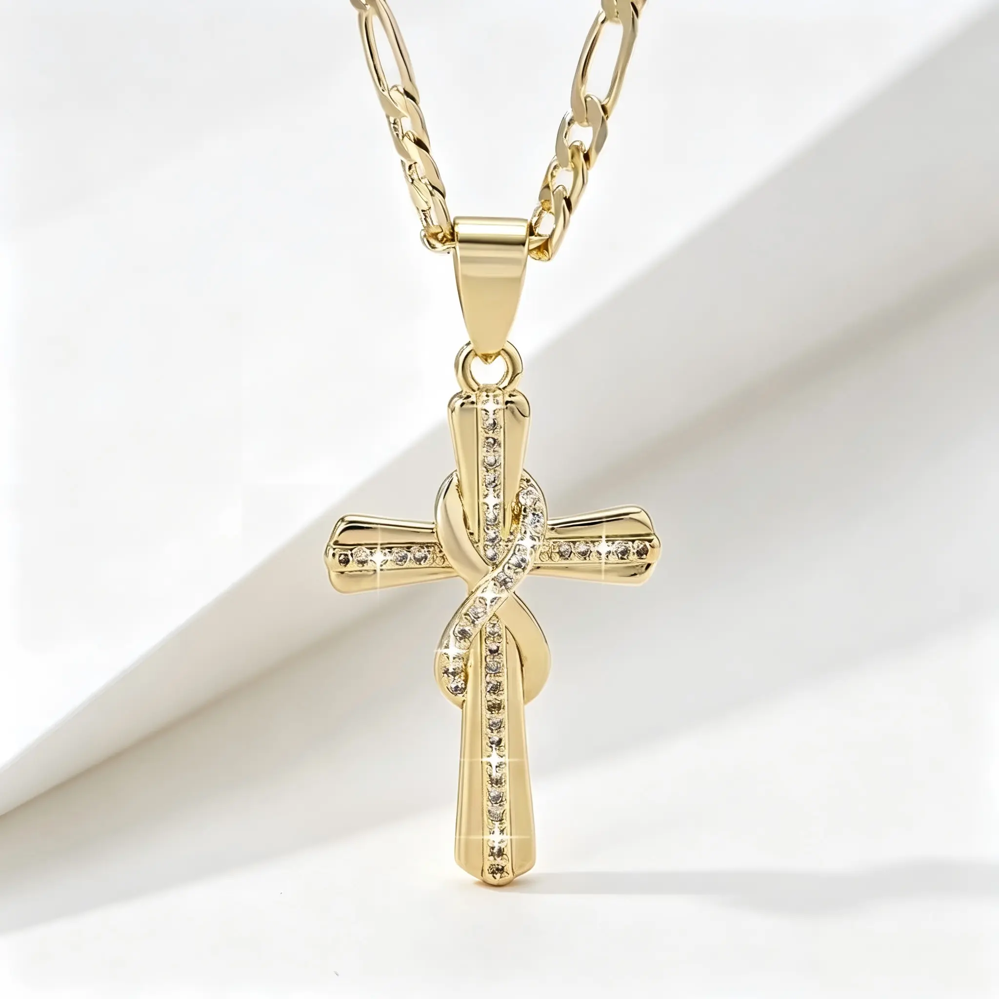14K Gold Plated Figaro Chain Cross Necklace for Men Women, Infinity Twist Paved Cubic Zirconia Cross Pendant, Tarnish Resistant Religious Faith Fashion Jewelry Gift
