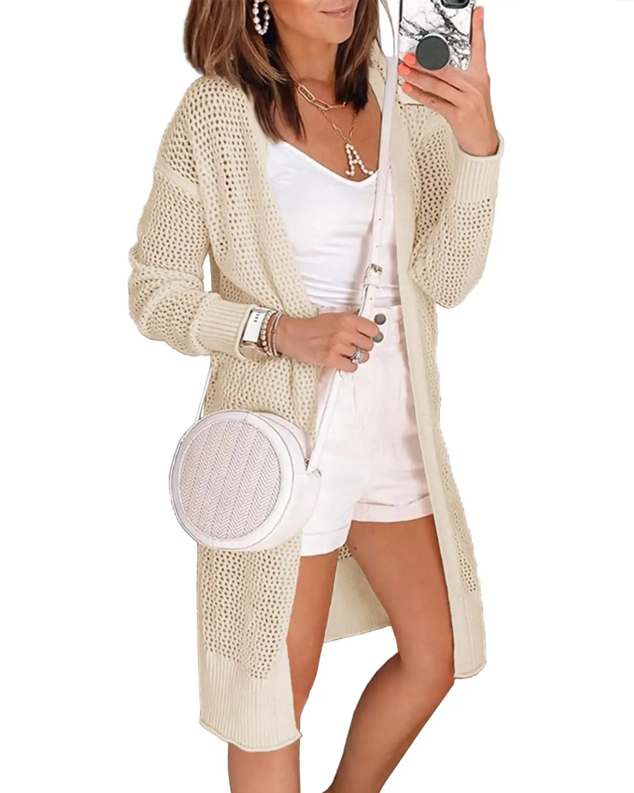 Goranbon Womens Open Front Knit Sheer Cardigans Summer Boho Lightweight Long Sleeve Kimono Long Sweaters