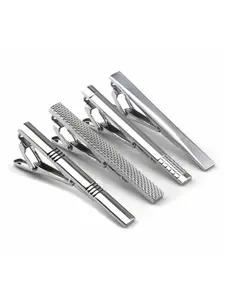 Men's Silvery Color Tie Clips Set (4 Pieces), Classic Design, Modern, Elegant Metal Pins, Business & Wedding Accessories, Geometric Style