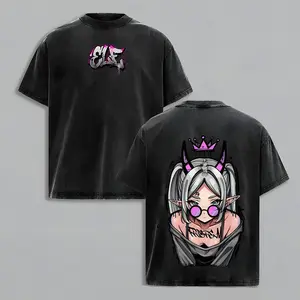 Frieren Streetwear Vintage Washed Anime T-Shirt | Demon Elf Girl Purple Crown Graphic Tee | Oversized Retro Shirt | Heavy Cotton Grunge Gift for Frieren Fans