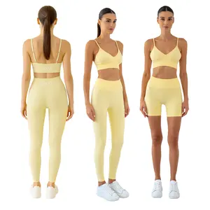 LUVAÉ Women’s Seamless Biker Short & Sport Leggings & Bra Set – Red, Yellow, Blue (XS-S-M-L)