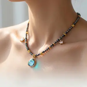 Heart Shaped Hematite Necklace With Star & Shell Pendant, 2026 Trendy Gold Beaded Choker, Cute Gift for Women