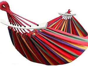 Extra-Large Multicolored Striped Fabric Hammock with Wooden Support Poles, Portable Outdoor Hanging Hammock, Storage Bag and Ropes Included, Ideal for Gardens, Camping, Travel