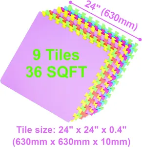 36-SQFT Giant Play Mat 9-Tile Excise Mat Easy Setup Solid EVA Foam Mat Multi-Color Interlocking Floor with 18-Border 24"x24"x0.4" Safe Soft Durable Anti-Fatigue