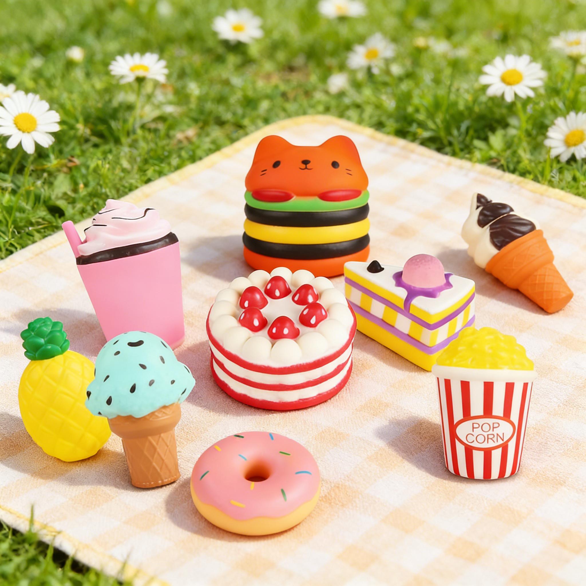 Soft Squishies Set, 9 Pieces – Food-Shaped Squeeze Toys (Hamburger, Popcorn, Cake, Ice Cream, Donut) – Stress Relief Toy for Children