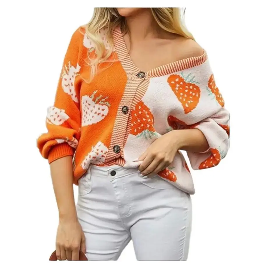Orange Strawberry Knit Sweater Cardigan Button Fabric Knitwear Womenswear