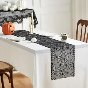 Spider Web Pattern Lace Table Runner, 1 Count Halloween Themed Tablecloth, Table Decoration Supplies for Home Kitchen Dining Room