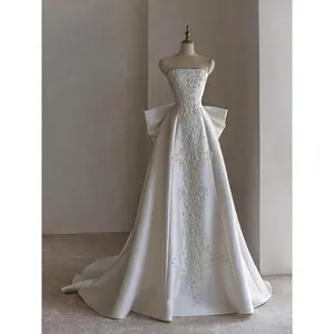 2025MainWeddingDressBrideFrenchStyleStraplessSatinPlusSizeMainGownHigh-endFeelPetiteBrideOutingDressSimple