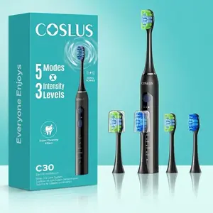 COSLUS C30 Sonic Rechargeable Electric Toothbrush for Adults & Couple: IPX7 Waterproof, 3 Intensities & 5 Modes with 2 Head Types for Gentle/Daily Care/ Cleansing -Ideal for Home, Travel & Personalized Oral Protection