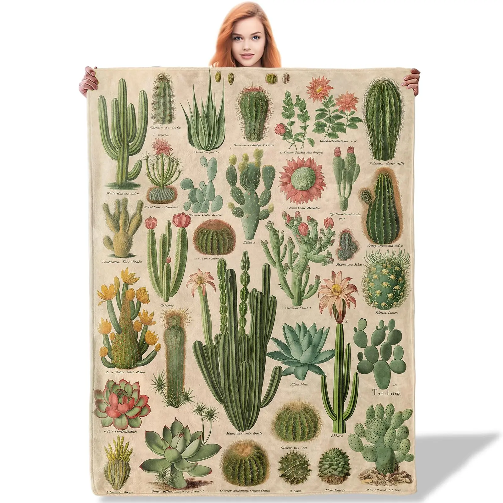 Botanical Cactus Full Print Flannel Throw Blanket - Foldable, Multi-Size (32x48in, 50x60in/152cm×127cm), Plants-Infused Decor, Gift for Adults, Soft Textile for Children, Grandparents