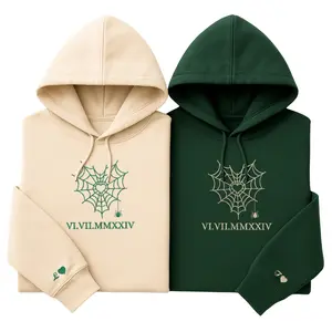 Spider Web Heart Embroidered Hoodies – Custom Roman Numeral Matching Hoodies for Couple Gift, or Anniversary, Valentine Day
