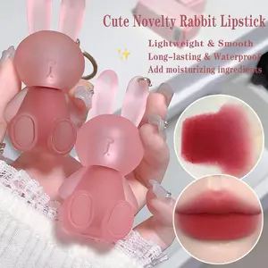 3 Pcs Randomly Seleted Colors Keyring Matte Liquid Lipstick set, Cute Rabbit Lip Glaze 2 in 1 Key Chain Lip Gloss Lip Stain, Waterproof Non-Stick Cup Long Lasting Lip Clay Cute Lip Makeup for Girls