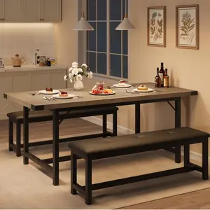 【GARVEE】63" Dining Table Set for 4-6, Large Extendable Kitchen Table Set with 2 Upholstered Benches for 6, 3 Piece Rectangle Dining Table Set for 4 for Apartment, Saving Space, Retro Gray