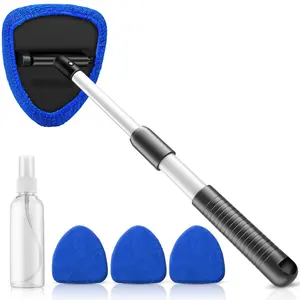 Car Windshield Cleaner Tool, Car Interior Detailing Cleaning Kit with Extendable Handle and 4 Upgraded High-Density Reusable Microfiber Pads, Microfiber Windshield Cleaning Tool for Cars