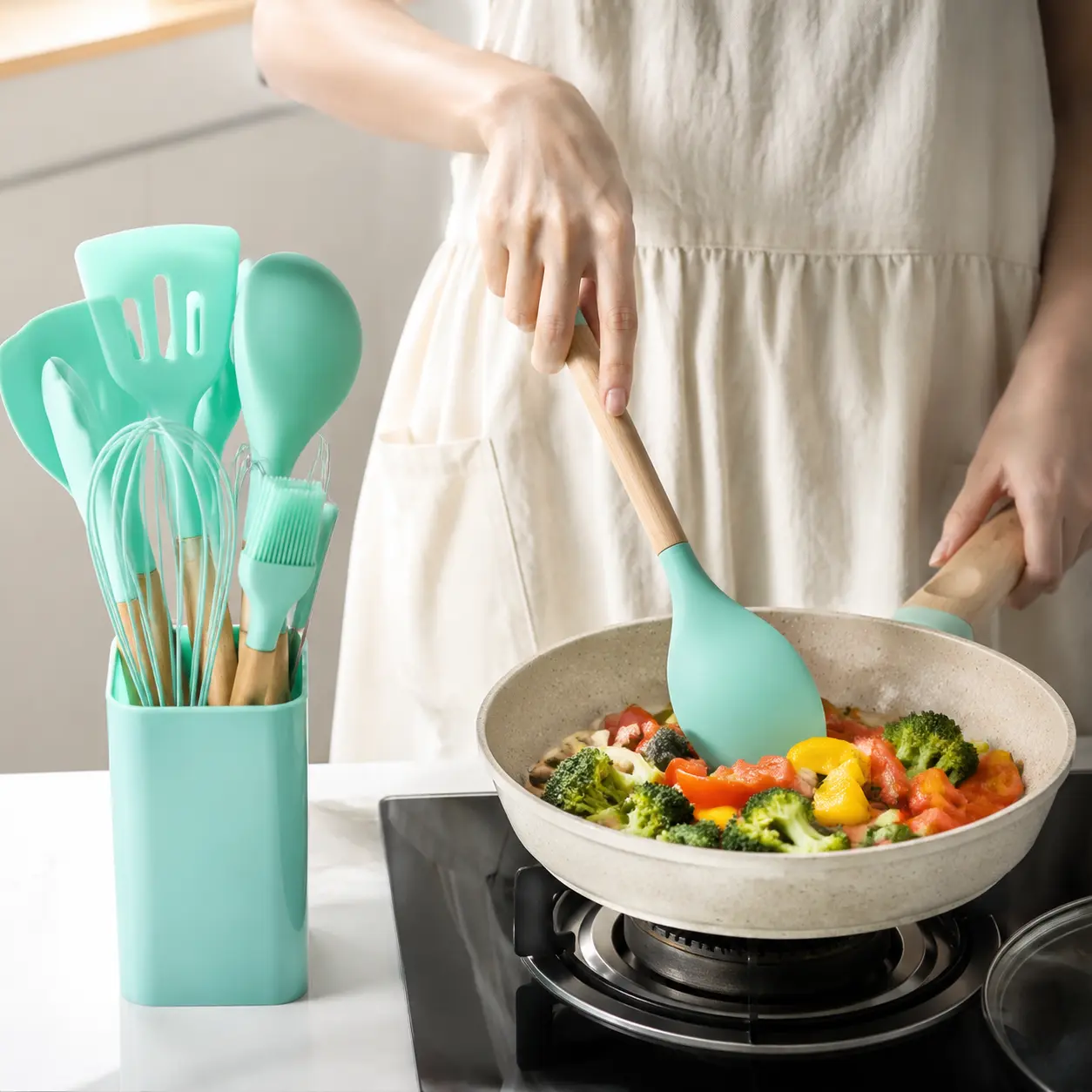 12 Pcs Non-Stick Silicone Kitchenware Kit with Wooden Handle Utensil Cooking Spatula Set u