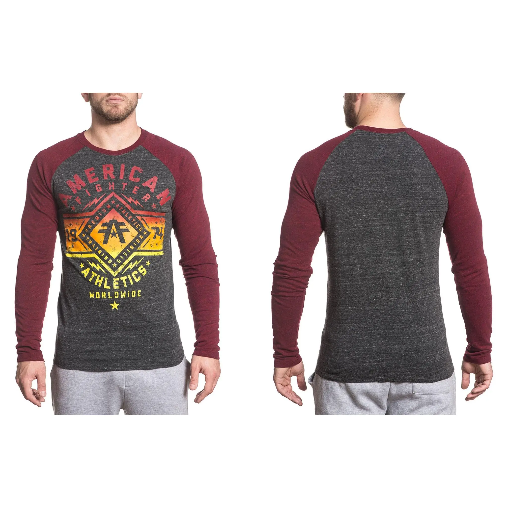 AMERICAN FIGHTER Men's Long-Sleeve Casual Graphic T-Shirt - Streetwear Mensfashion Santa Clara Menswear Top