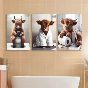 3pcs Bathroom Scottish Highland Cow Canvas Painting Farm Animal Humorous Fun Print Art Unique Artwork Home Bath Room Unframed Wall Decor Hanging