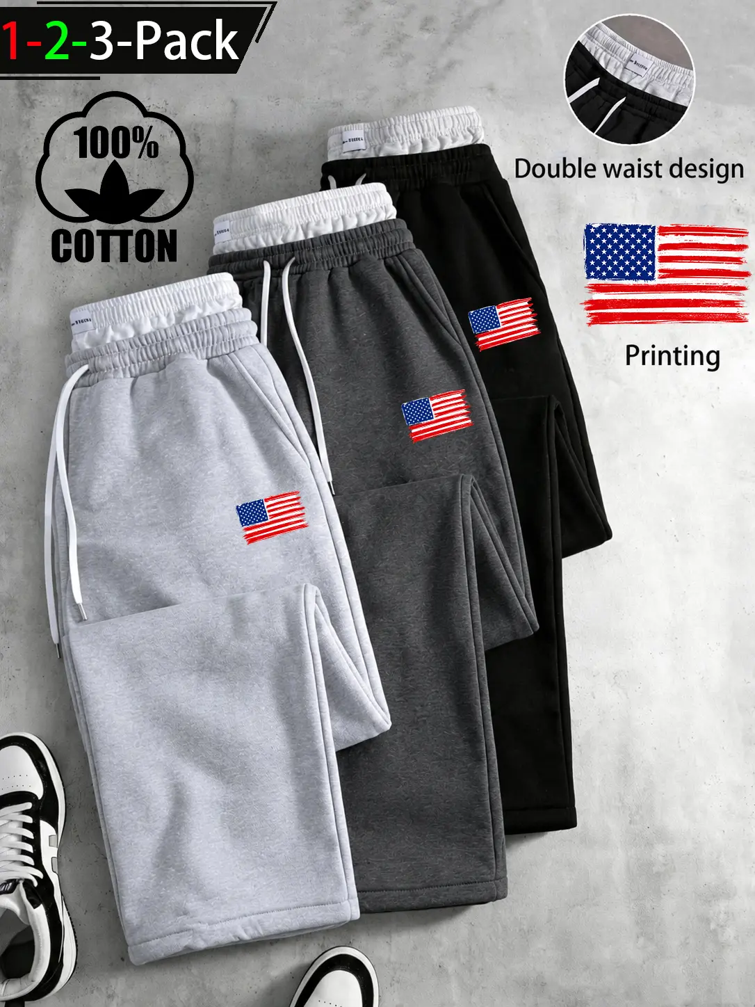100% Cotton Faux Layered Double Waistband Sweatpants for Men Women, Y2K Streetwear Loose Straight Leg Track Pants, Low Rise Drawstring Lounge Pants, American Flag Print Casual Athletic Trousers, 1/2/3 Pack Wide Fit Activewear for Gym Everyday Use Training