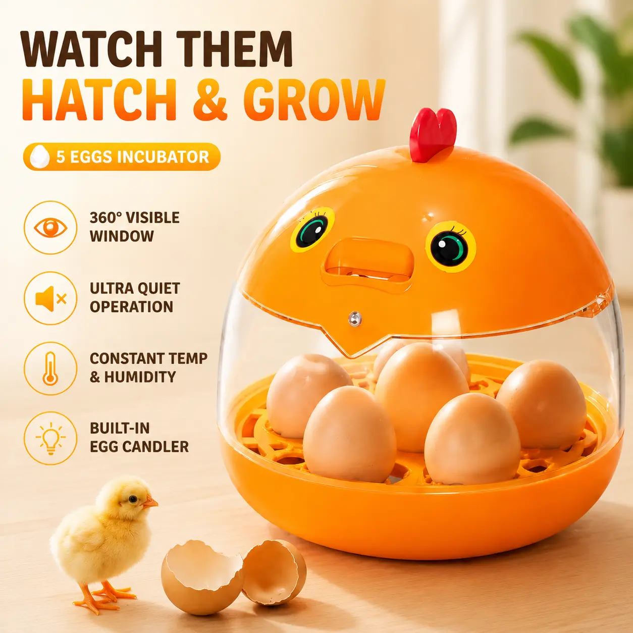 5-Capacity Small Poultry Incubator for Home Use - 360° Transparent Viewing Window, Built-in Candler, Portable Hatching Machine for Chicken, Quail & Pigeon, Farm Pet Supplies