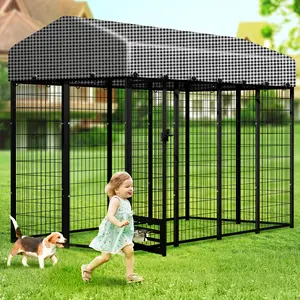 HITTITE Large Outdoor Dog Kennel, Heavy Duty Pet Products Enclosure Outdoor Dog Run Cage with Rotate Feeding Door, Anti-Rust Dog Kennel Outside with Waterproof & UV-Resistant Cover for Backyard, 8'L x4' W x 6'H（with Roof