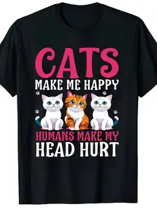 Cats Make Me Happy Humans Cat T-Shirt Fashion Timeless Treasure Women's Printed T-Shirts for All Seasons