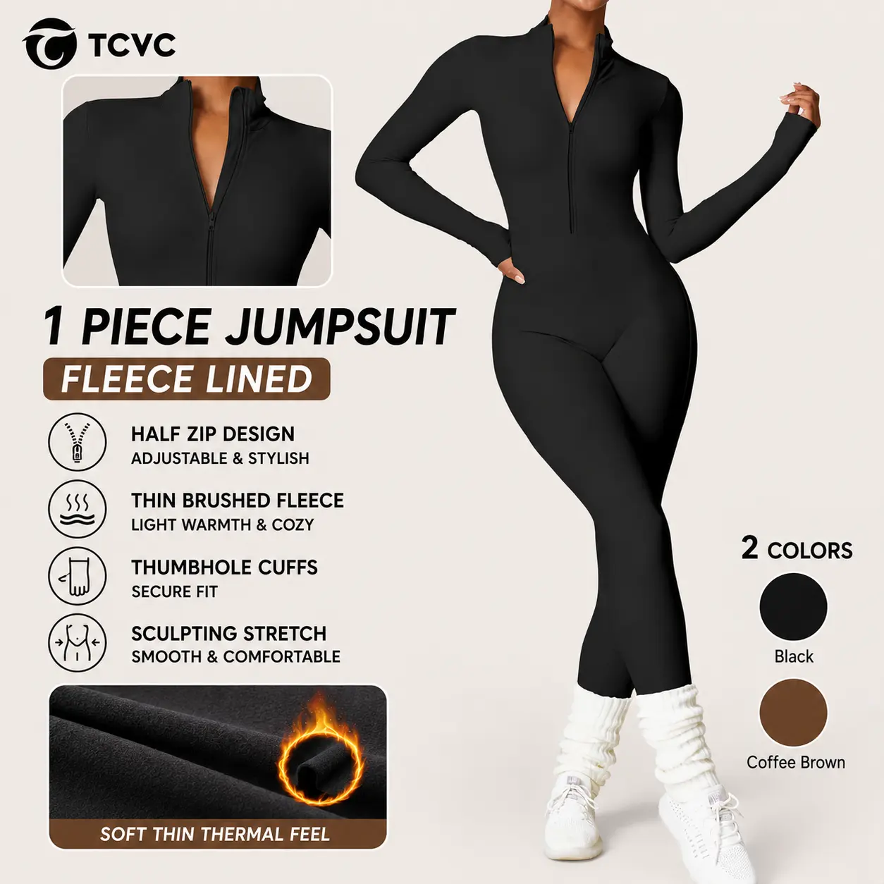 TCVC Women Fleece Long Sleeve Zipper Jumpsuit Zip Up Romper Bottom Pants Bodysuit Bodycon Sexy One Piece Winter Skiwear Winter Clothes Winter Clothes Winter Clothes For Women Gym Clothes Women