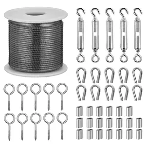 Turnbuckle Wire Tensioner 100FT 1/16" (30M 1.5MM) Stainless Steel Cable String Light Hanging Kit Wire Rope Kit M5 Turnbuckles for Cables Trellis Curtain Clothesline Railing