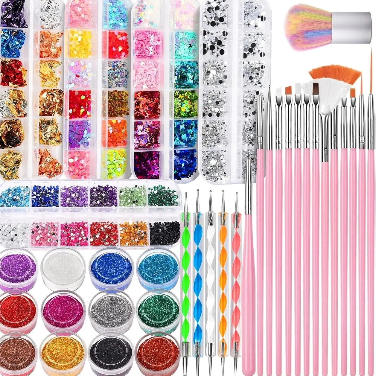 Nail Art Kit, Nail Art Brushes Set, Nail Design Kit Dotting Tools, Fine Nail Glitter, Nail Decoration Butterfly Heart Glitter Sequins, Foil Flakes, Nail Rhinestones, Dust Brush