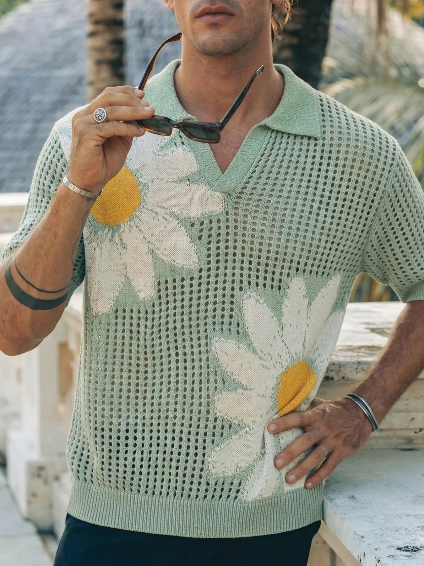 Lookun Spring Summer New Floral Daisy Embroidery Polo Shirt, Breathable Mesh Short Sleeve Knit Top, Casual and Sporty Style, Perfect for Daily Wear, Summer Polo Shirts