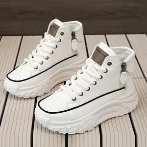 Women's height increasing high top Athletic - thick soled lace up sneakers, EVA/rubber sole, round toe and minimalist design | Four season casual street shoes with arch support | Solid color design, thick and comfortable and stable height increase