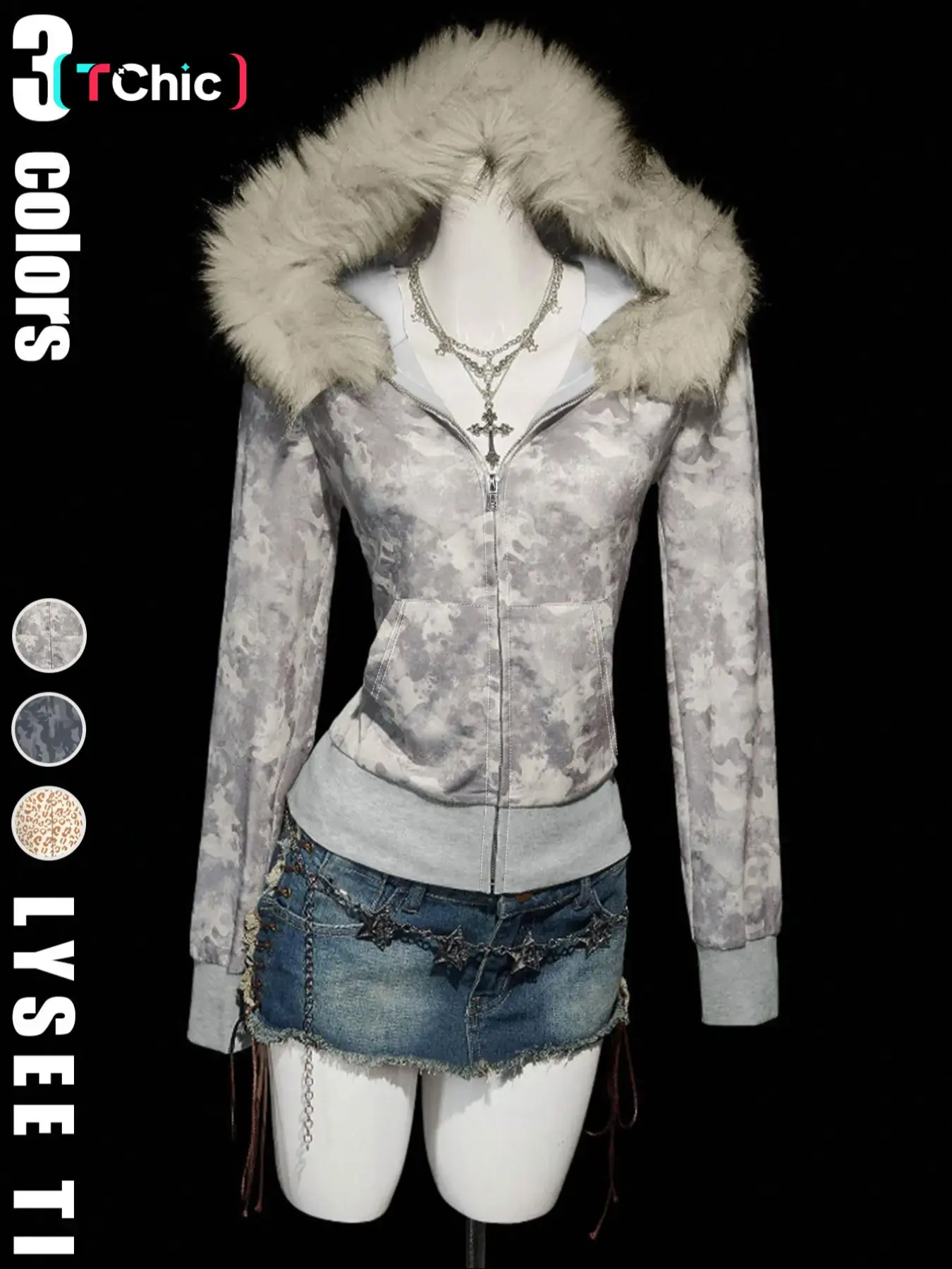 Women's retro Aesthetic fur collar camouflage print autumn and winter long sleeved regular hoodie Fitted, Fashion, Tops, Coats, Jackets, Hooded Casual Jacket, Casual Comfy Jacket