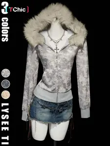 Women's retro fur collar camouflage print autumn and winter long sleeved regular hoodie Fitted, Fashion