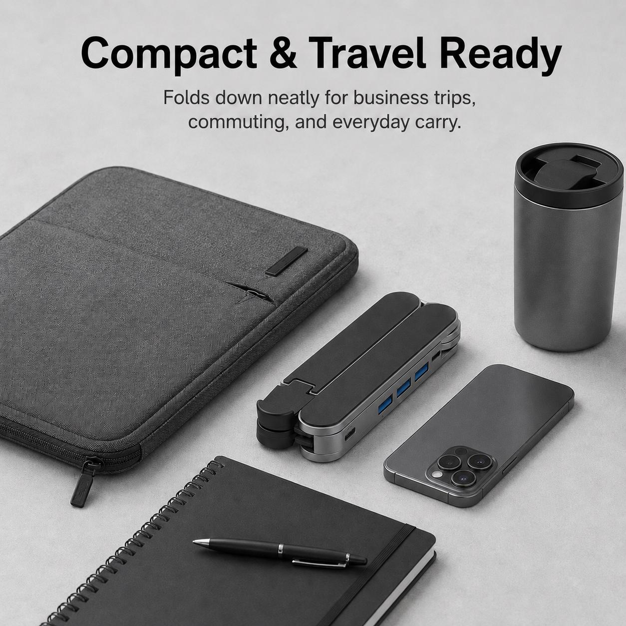 Gunmetal Laptop Stand with Foldable USB Hub, Adjustable Ergonomic Desk Riser, Multi-Port Expansion for MacBook, PC, Tablets & Travel Use Gunmetal Laptop Stand with Foldable USB Hub, Adjustable Ergonomic Desk Riser, Multi-Port Expansion for MacBook, PC, Tablets & Travel Use
