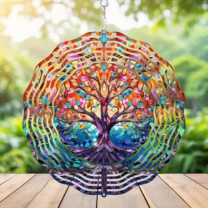 Tree Of Life Pattern Wind Spinner, Colorful Acrylic Garden Art with Stained Glass Effect, Dynamic Sublimation Design for Indoor & Outdoor Decor