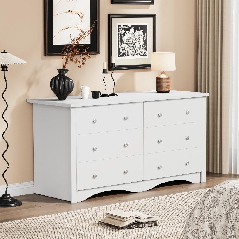 Furniwell Dresser With Power Outlet, 6 Drawers Dresser For Bedroom, Modern Chest Of Drawers, Wooden Dressers, TV Stand For Living Room,Closet, Hallway