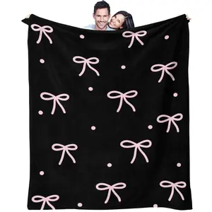 Pink Bow Blanket,Black and Gray Base,Soft and Comfortable Blanket,Throw Blanket,Sofa Blanket,Nap Blanket,Available All Year Round,One Single-Sided Printed Blanket