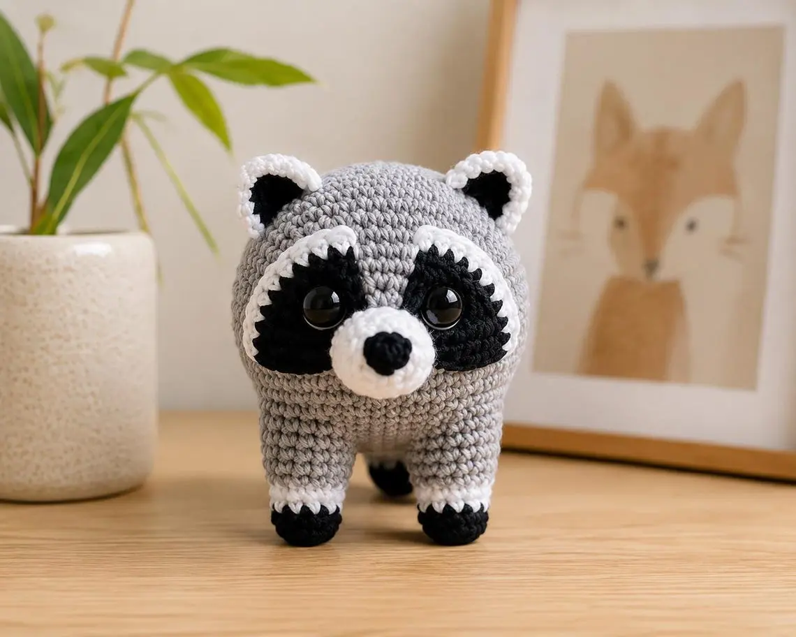 Handmade Crochet Raccoon Plush, Cute Amigurumi Raccoon Toy, Woodland Animal Decor, Kawaii Stuffed Animal, Baby Shower Gift, Nursery Decor