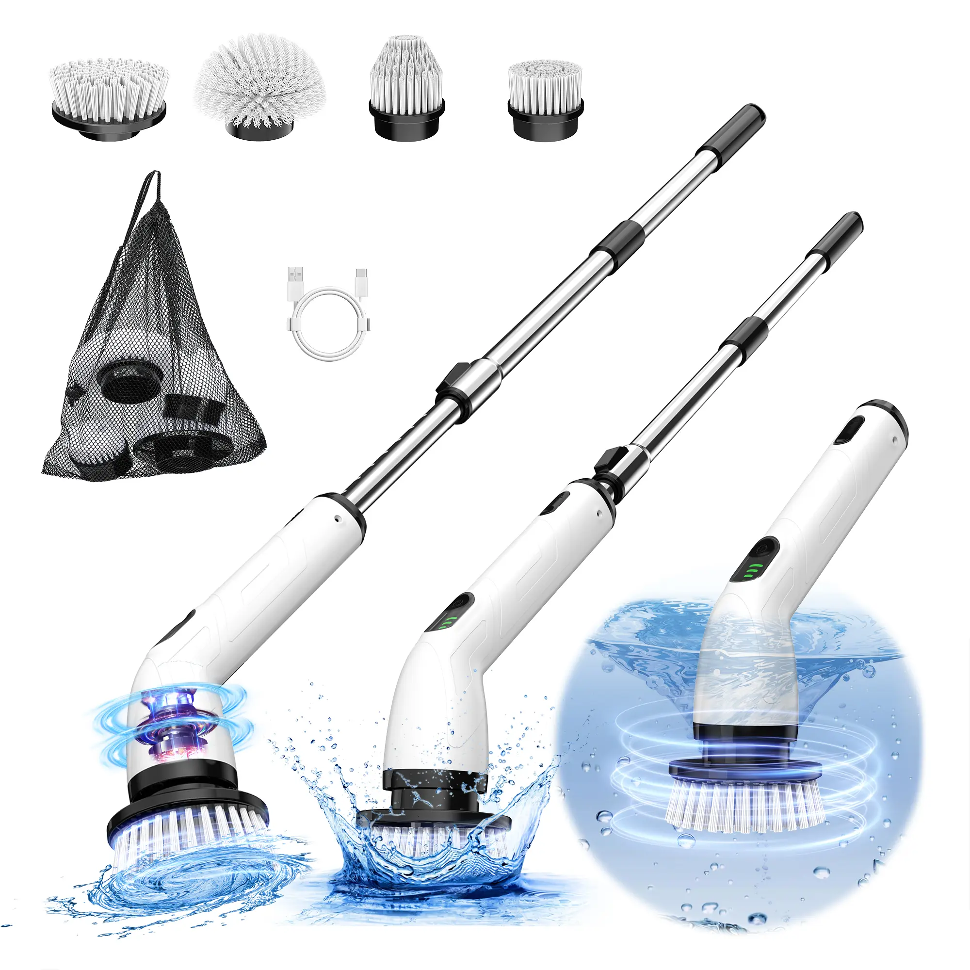 Electric Spin Scrubber | Cordless & IPX7 Waterproof | 4 Cleaning Heads & Extendable Handle | Multi-Surface Power Scrubber for Tiles, Floors & Bathtubs