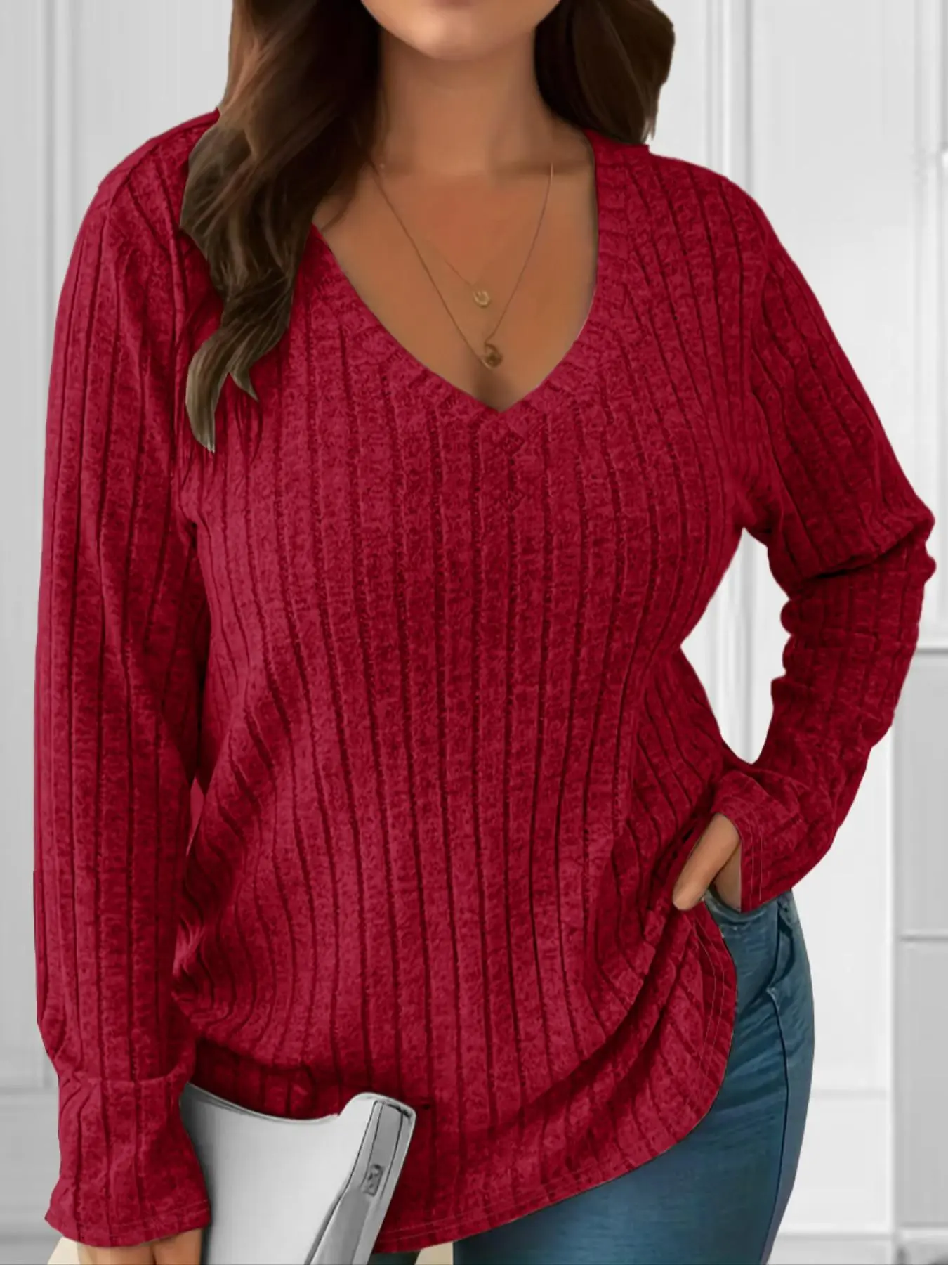 【Plus Size】 Solid Color V Neck Ribbed Sweater Knitwear, Basic Pullover, Casual Long Sleeve T-shirt for Fall & Winter, Women's Clothing for Daily Wear